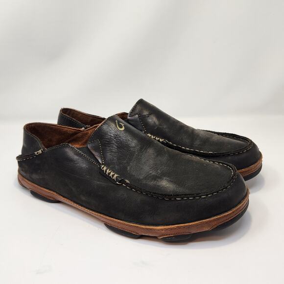 Olukai Moloa Dark Brown Leather Loafer Moc Casual Shoes Men Size 12 Slip On - Picture 1 of 9